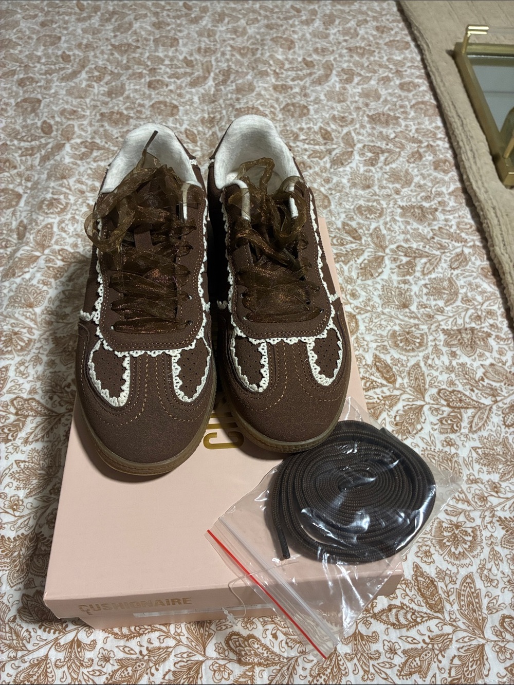 Brown Lace-Up Casual Sneakers with White Trim